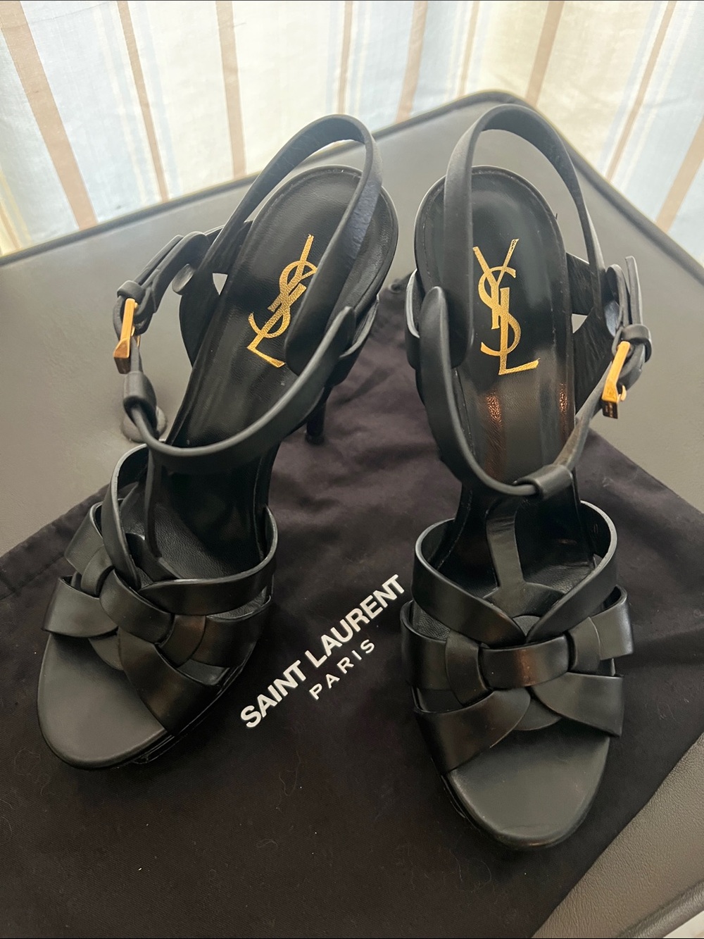 Saint Laurent Black Leather Woven-Strap Slingback Heels